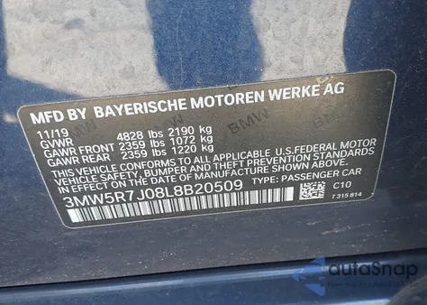 2020 BMW 330I xDrive z USA, uszkodzony, nr VIN 3MW5R7J08L8B20509